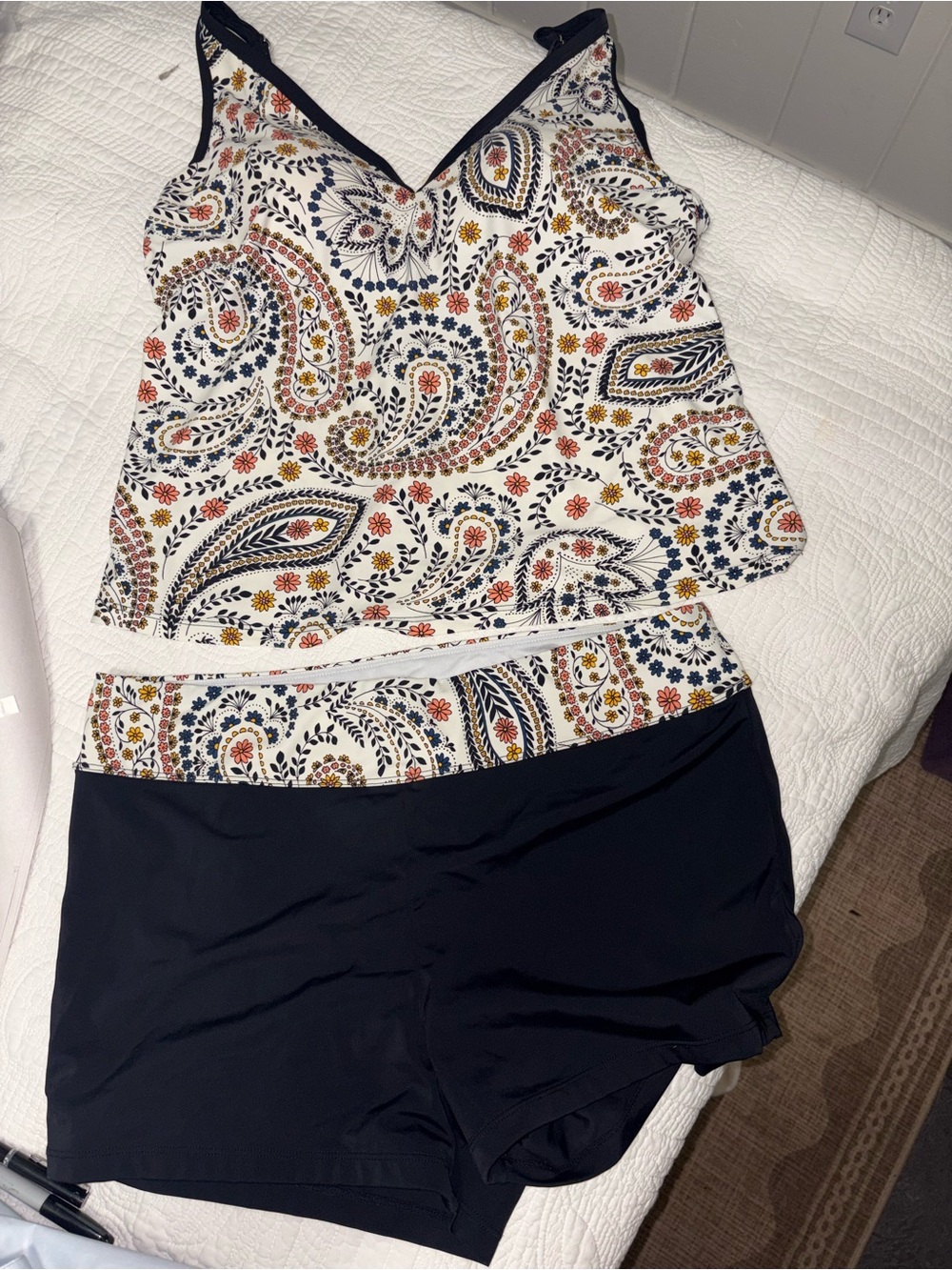 Women’s Two-Piece Tankini with Paisley Print and Black Swim Shorts